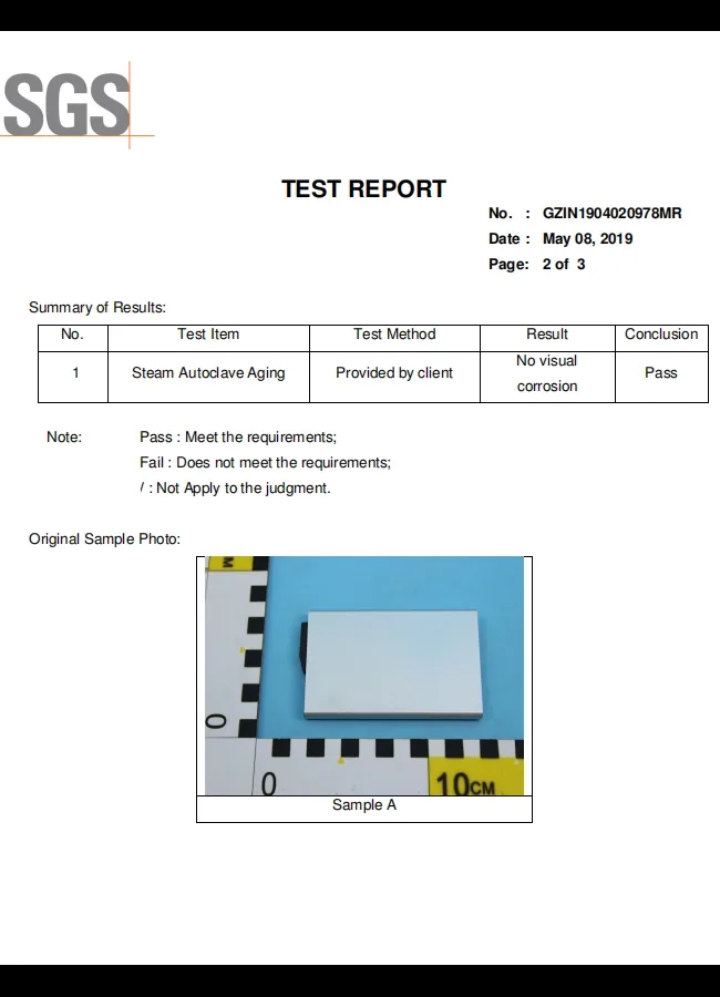 SGS steam autoclave aging test report — Pass