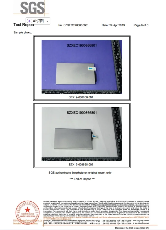 SGS sample photo authentication report