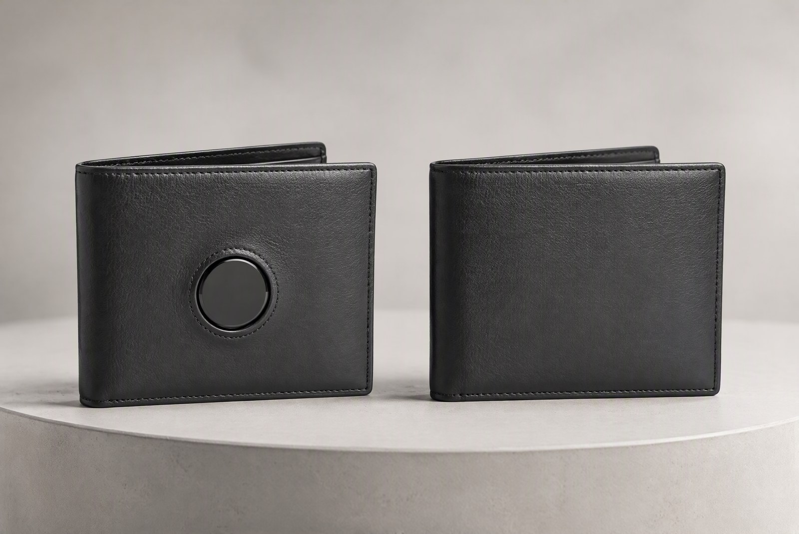 comparison: product photography comparing four AirTag wallet carry styles: built-in slot, magnetic mount, pouch, and card tracker on a neutral studio background