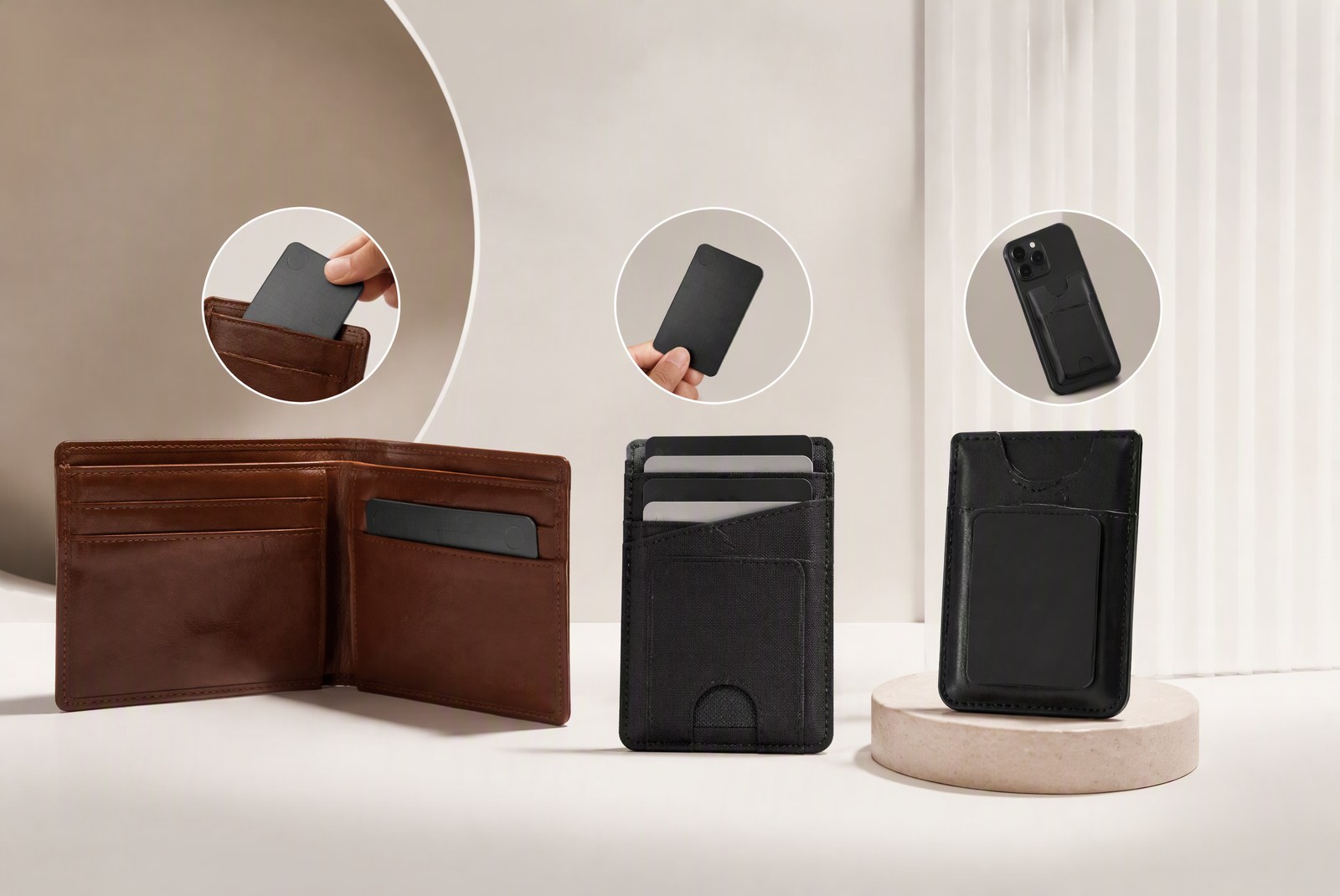 types: technical detail shot of the four AirTag wallet carry structures, labeled sections showing slot, magnetic clip, sleeve, and card tracker