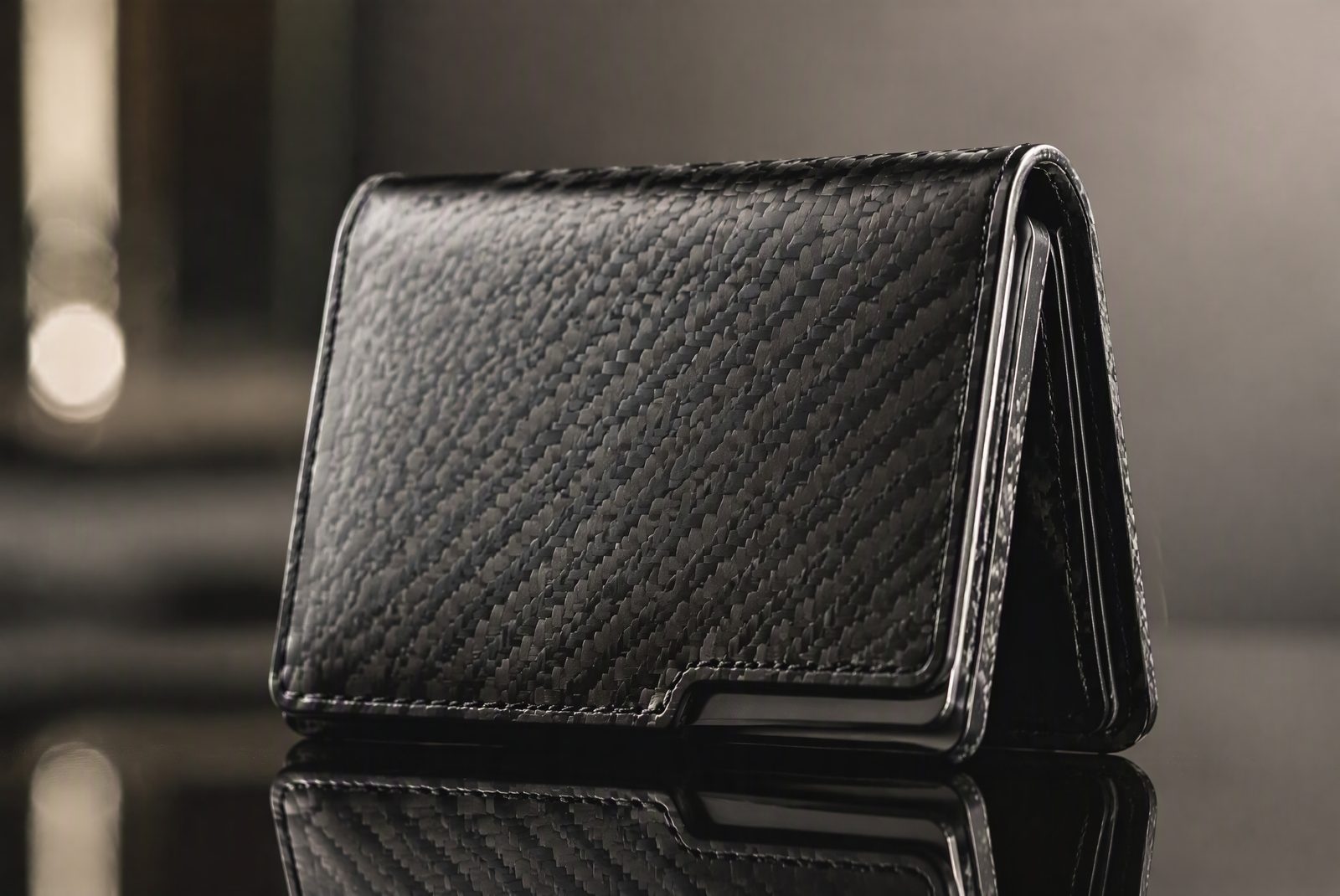 Carbon and metal wallets laid out for comparison