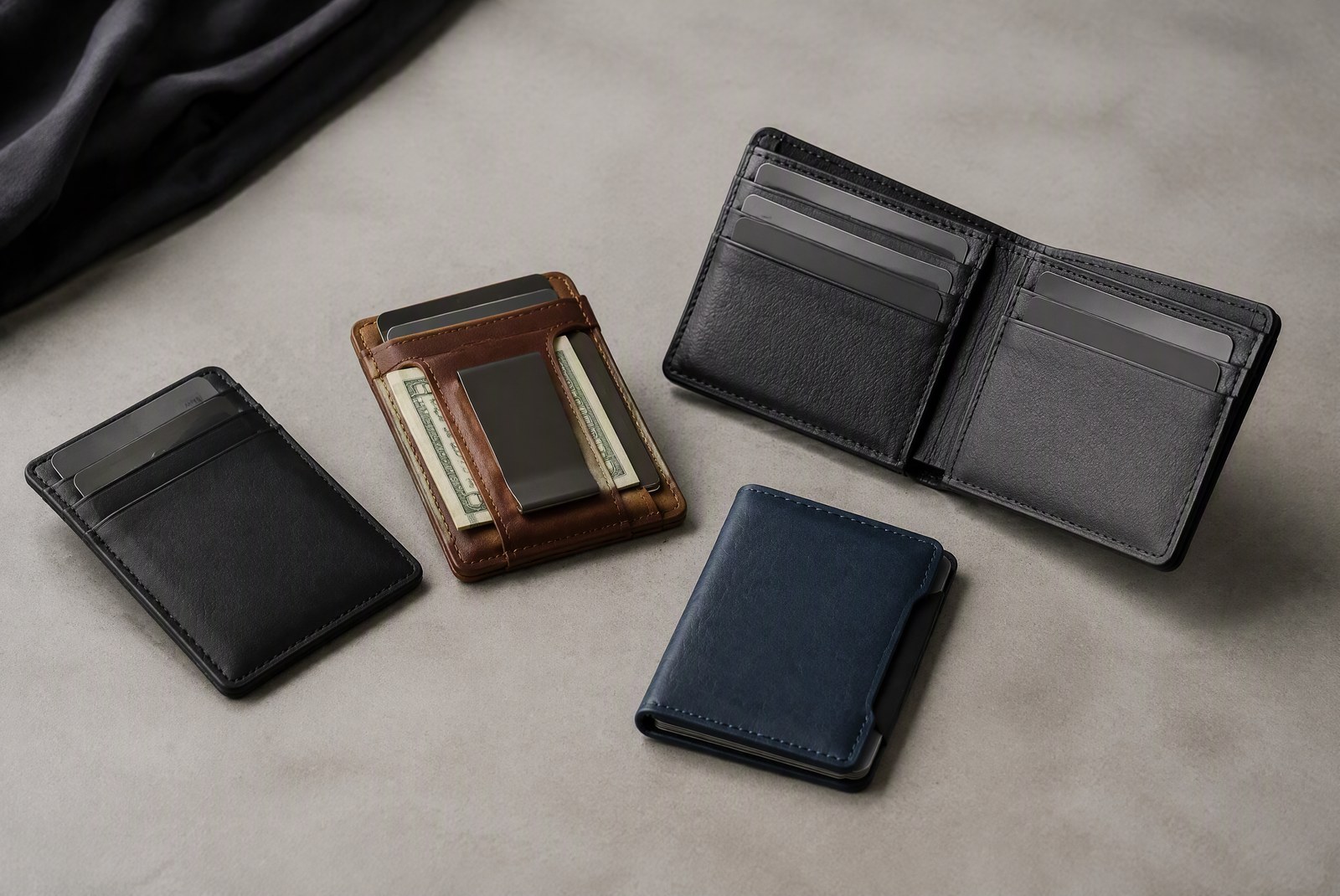types: studio flat-lay of four wallet construction types: two-plate metal, magnetic flat, leather card holder, and pop-up, product photography