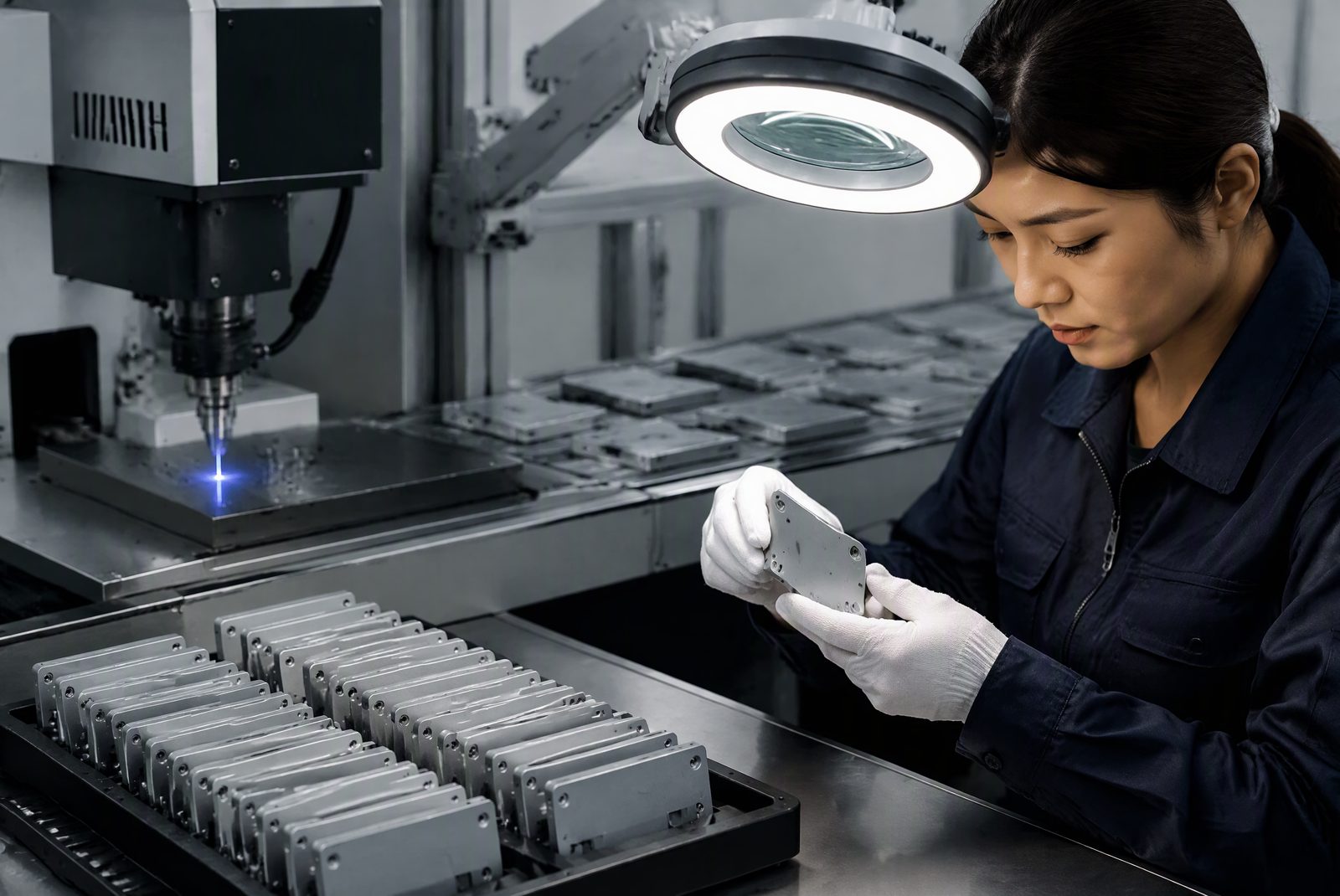 Factory production line with aluminum wallet shells and laser engraving