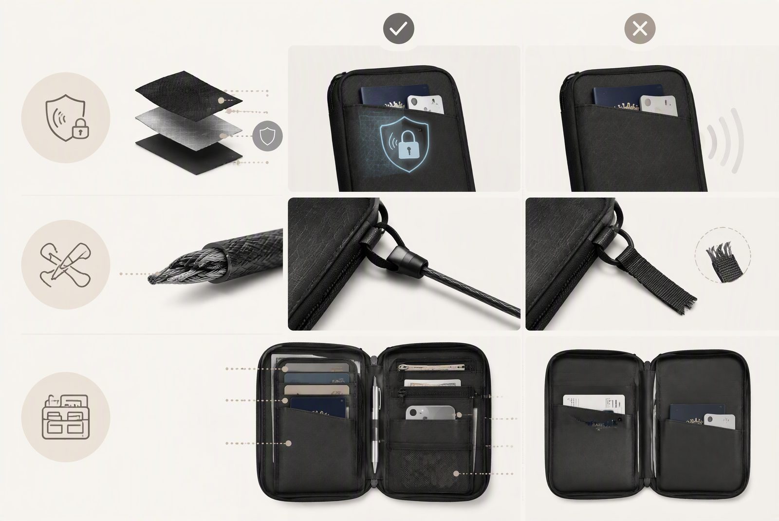 Comparison of travel wallet security features: RFID, slash-resistant cable, and pocket layout