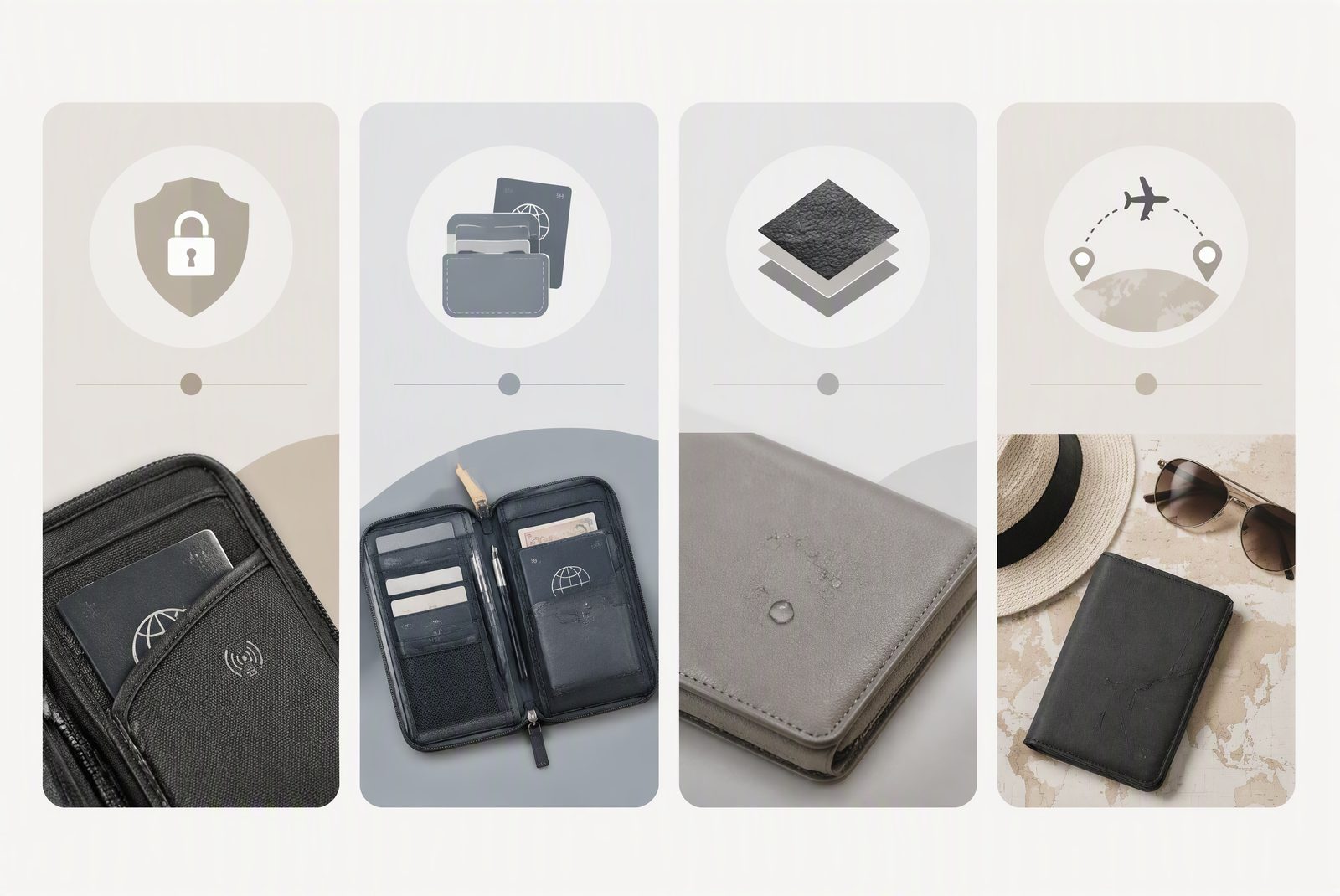 The four decision filters for a travel wallet: security, capacity, material, destination