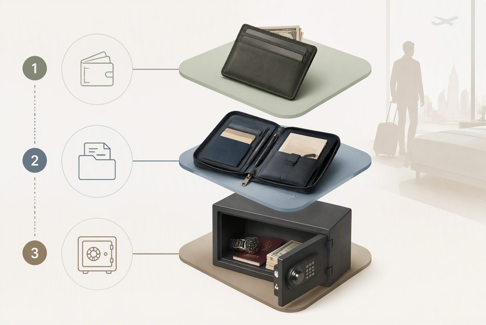 Three-layer carry broken down: daily wallet, document organizer, reserve stash