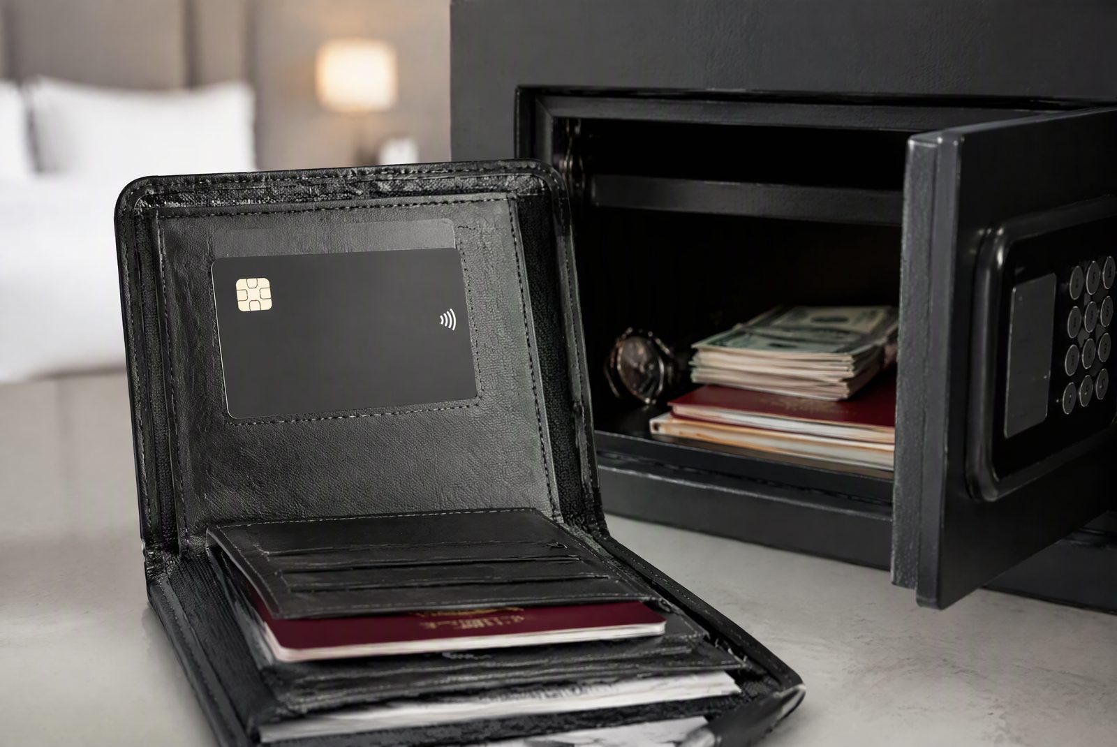 RFID test card inside a travel wallet and a hotel safe with reserve cash
