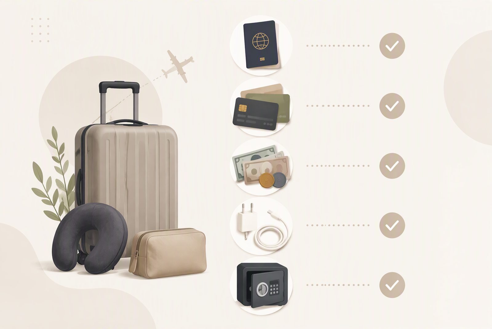 Packing checklist with passport, cards, currency, charger, and safe