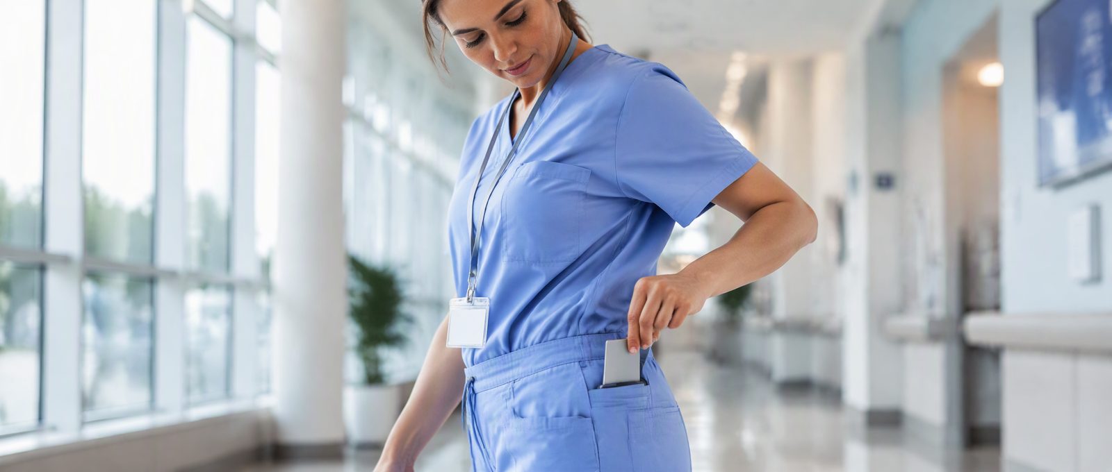 Slim cardholder wallet fitting a scrub pocket with one-handed card access for nurses