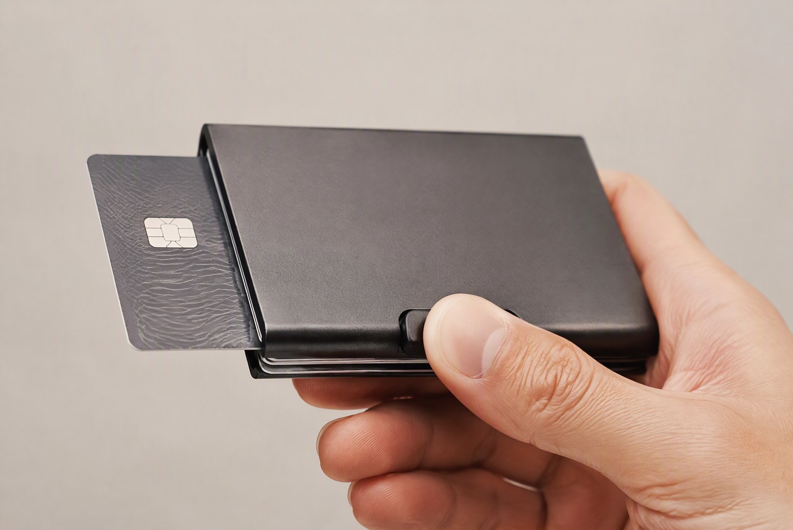 Thumb pushing the quick-draw slot of a cardholder, ejecting the most-used card halfway out
