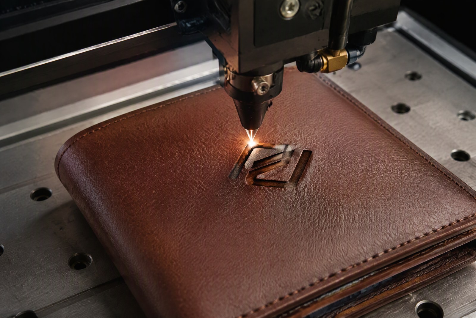 Factory-floor image showing CNC machining cells and a four-stage quality-control line inside the TOPWALLET factory in Dongguan, with branded wallet samples on an inspection table
