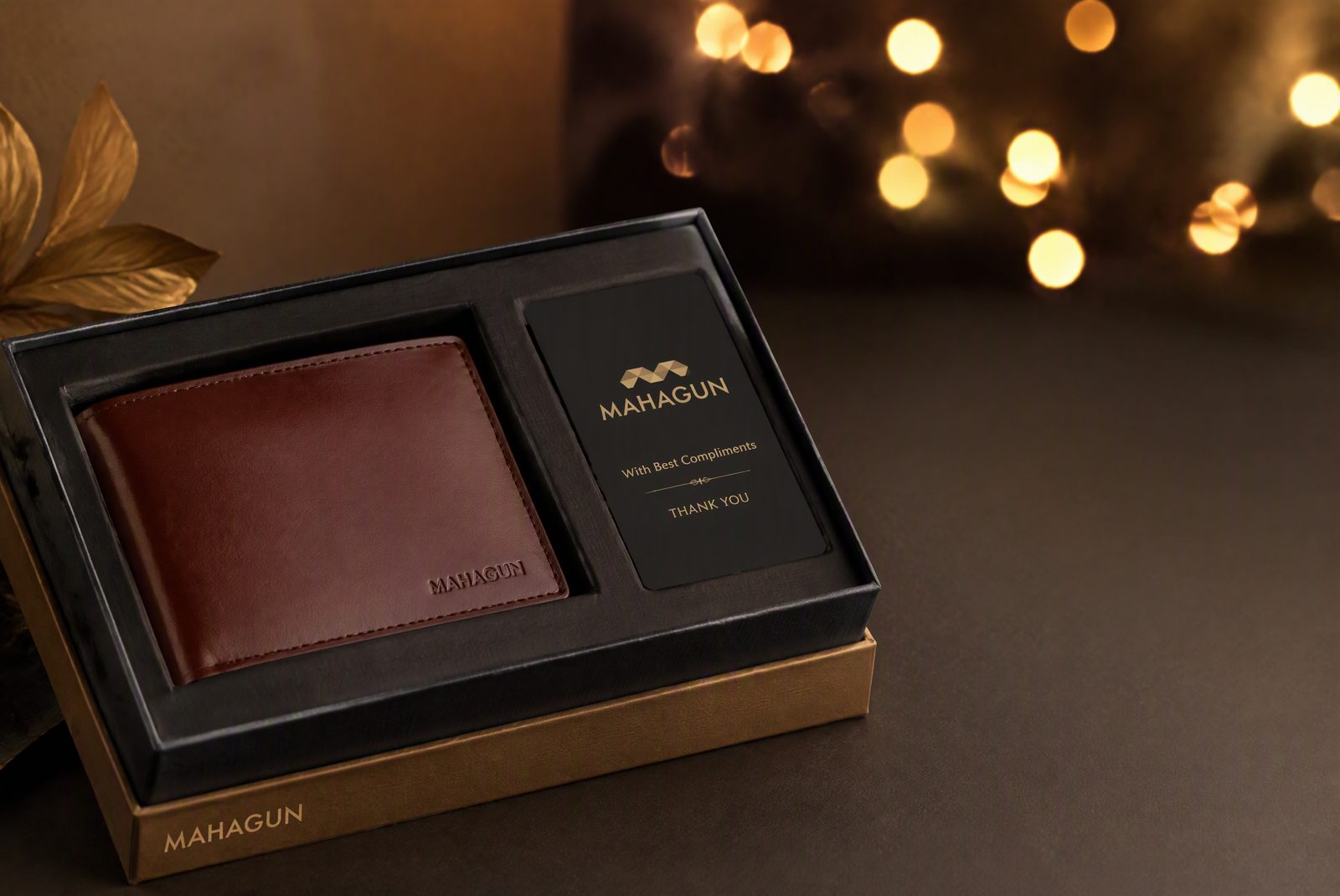 Premium corporate gift wallet in an elegant gift box with a branded card, warm festive lighting