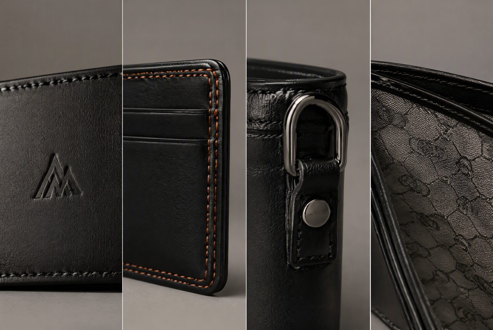 Three wallet categories side by side: RFID slim, magnetic pop-up, and leather card case