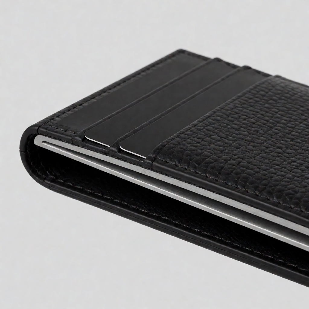 RFID blocking wallet cross-section showing metallic shielding layer inside slim cardholder