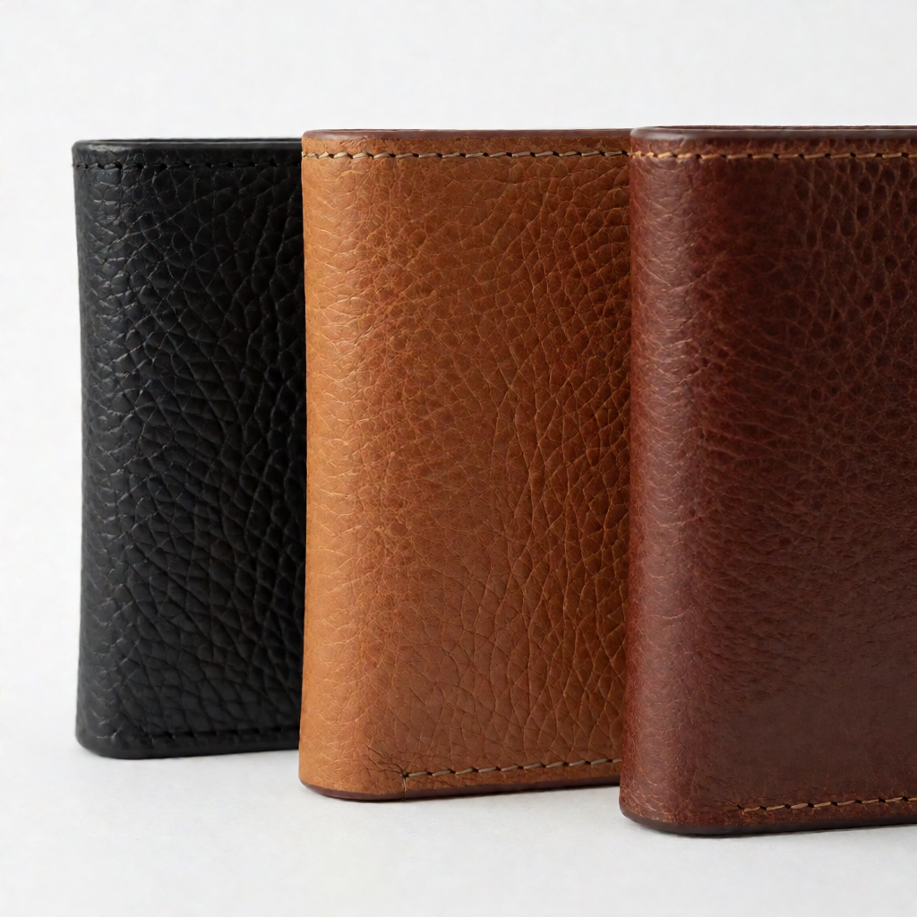 Premium leather wallet material comparison showing full grain, top grain, and genuine leather textures side by side