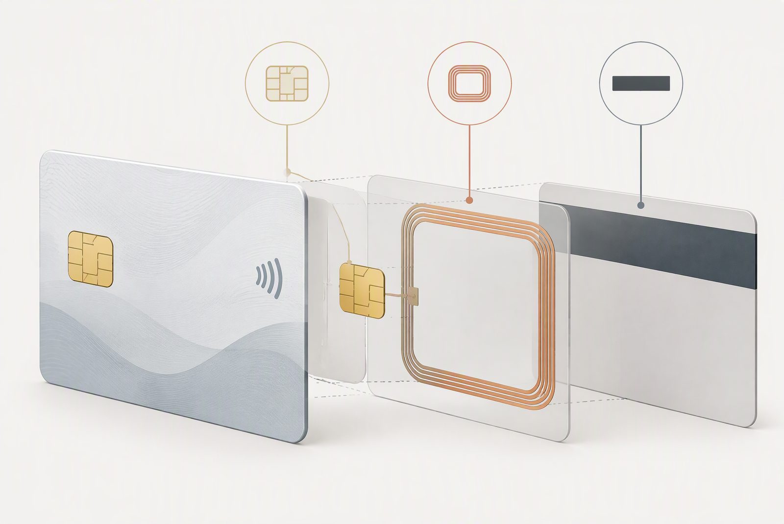Anatomy diagram of a payment card: chip, antenna coil, and magnetic strip