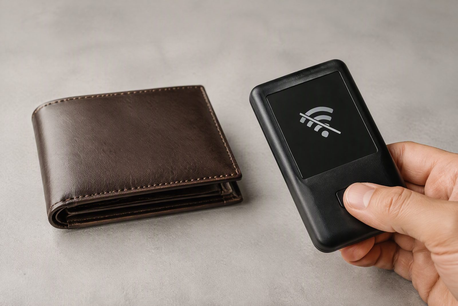 Verification step: test card placed inside wallet to check RFID blocking