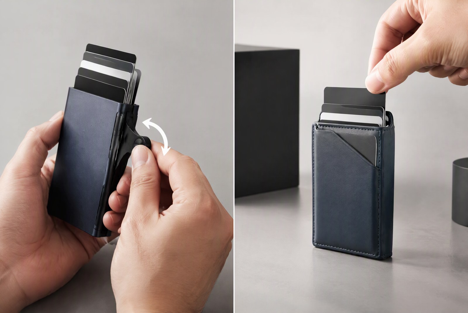 comparison: Flat-lay comparison of seven cardholder styles arranged in a row for side-by-side inspection
