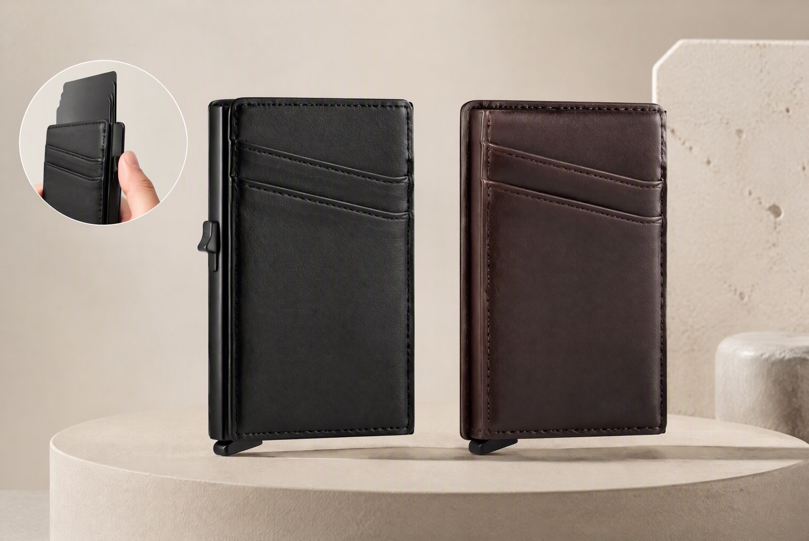 hero: Studio product photography of a slim aluminum cardholder and a pop-up smart wallet side by side on a light gray surface