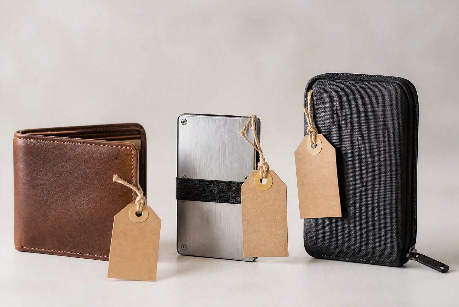 Leather bifold, metal wallet and money clip wallet side by side with a gift box