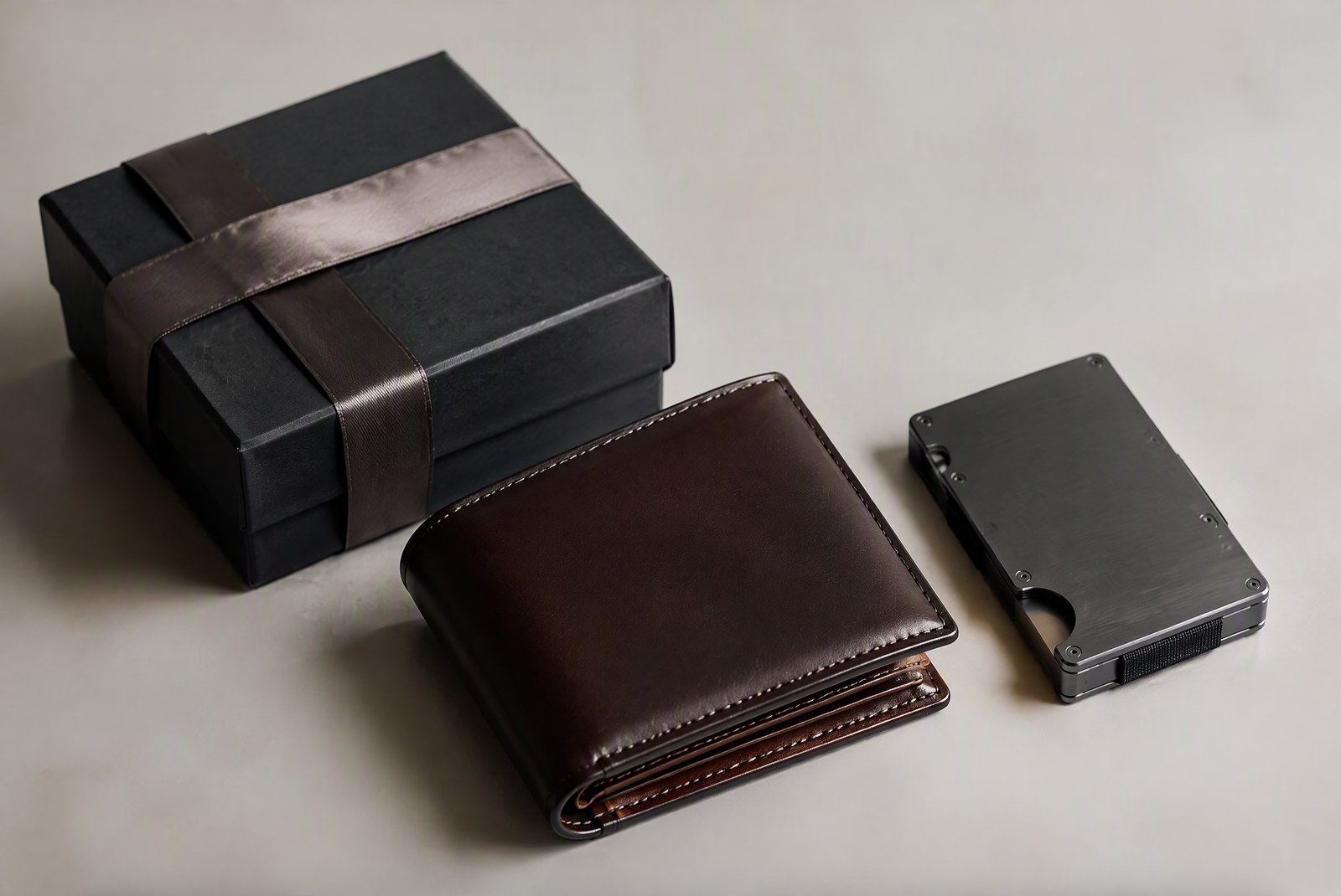Gift wallet types for dads: metal wallet, leather bifold, money clip wallet and cardholder with gift packaging