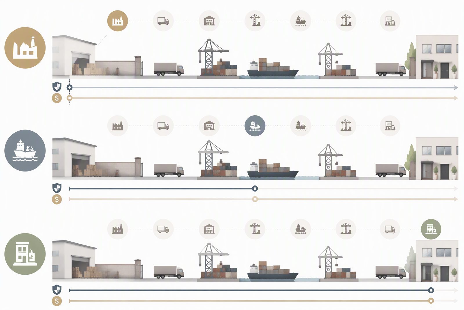 Side-by-side illustration of EXW, FOB and DDP hand-off points from factory to buyer