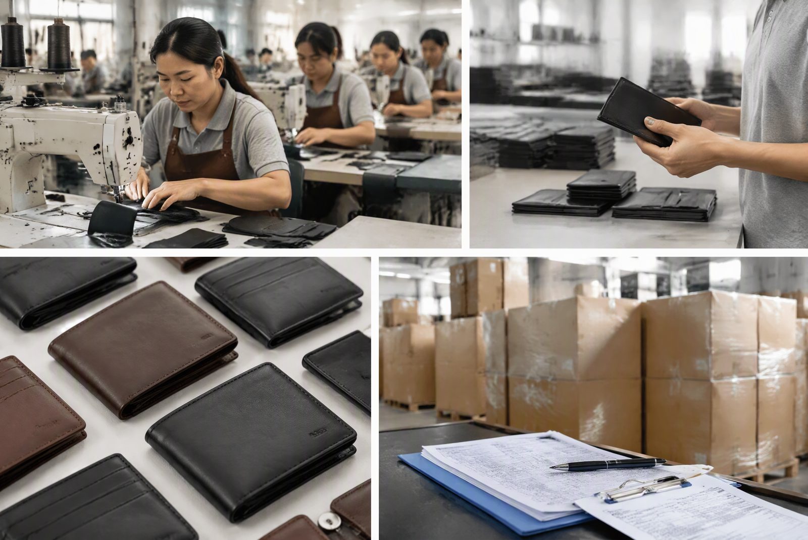 Wallet production line and export documentation at TOPWALLET's Dongguan facility