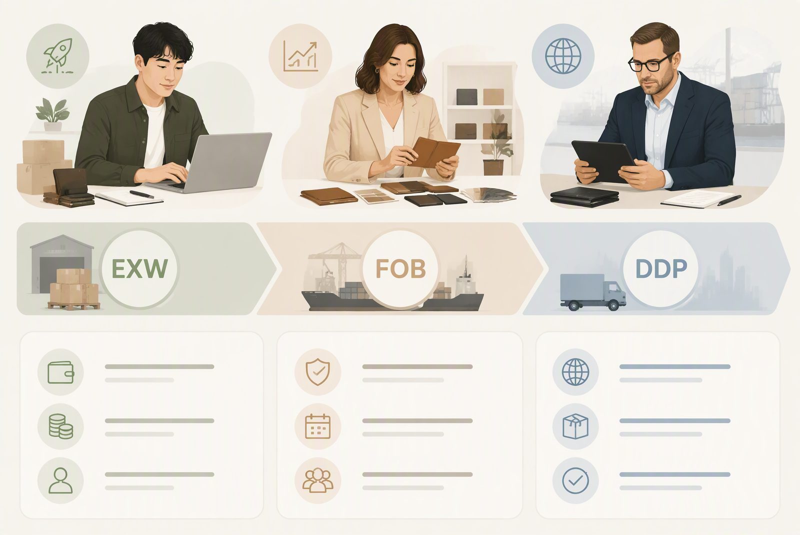 Three importer profiles matched to EXW, FOB and DDP decisions