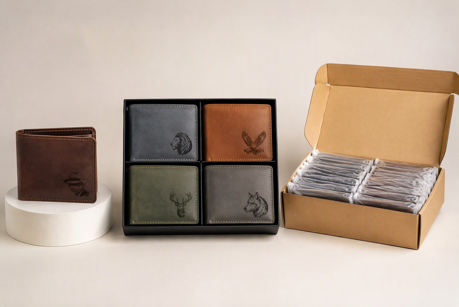 Comparison graphic of a retail shelf of five mismatched wallets versus a single coordinated batch of engraved wallet gift boxes