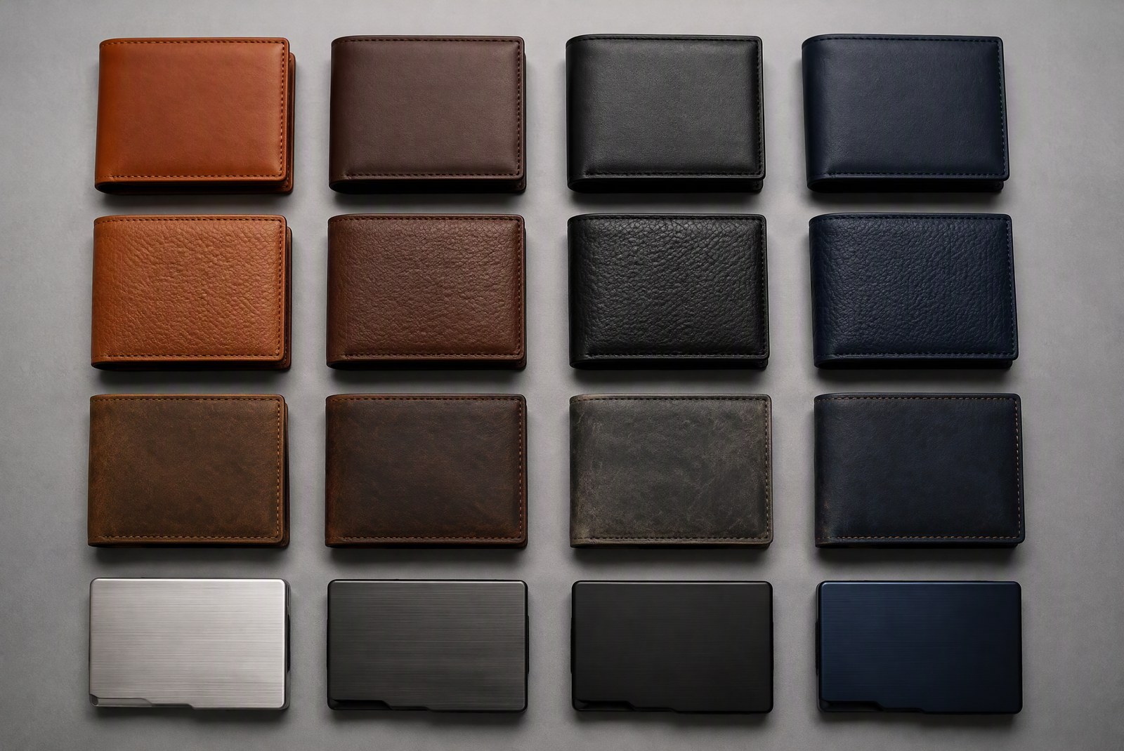 Three wallet tiers side by side: a matte aluminum minimalist card holder, an anodized metal wallet with engraved initials, and a titanium wallet in a rigid magnetic gift box