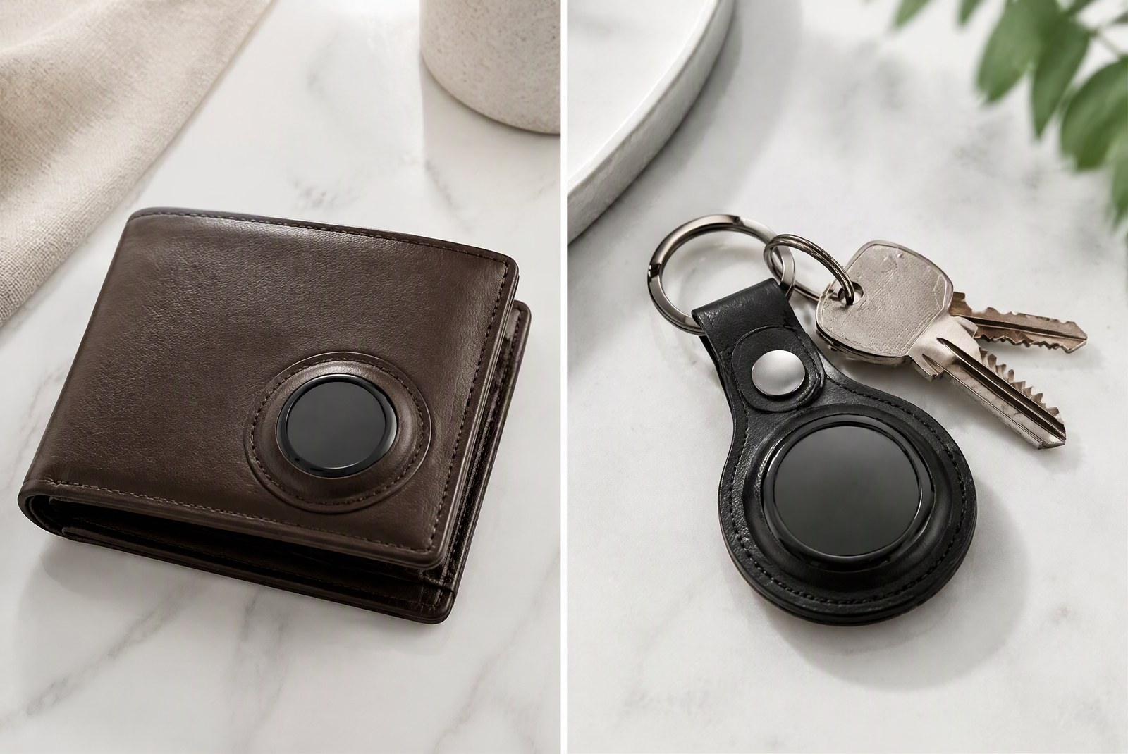 comparison: side-by-side thickness comparison photography of an AirTag, a built-in-slot wallet, and a magnetic holder on a measuring scale