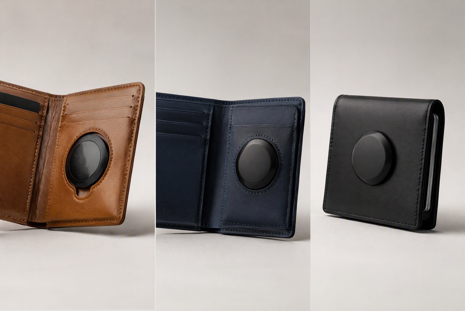 types: labeled technical illustration of four AirTag wallet placements: built-in slot, sewn sleeve, magnetic holder, and tracker-card slot