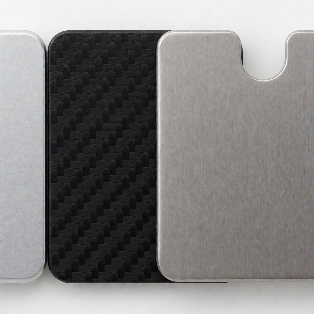 Close-up comparison of minimalist wallet materials: aluminum, carbon fiber, and stainless steel textures