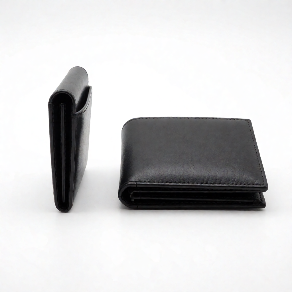 Front pocket wallet vs traditional bifold wallet size comparison on white background