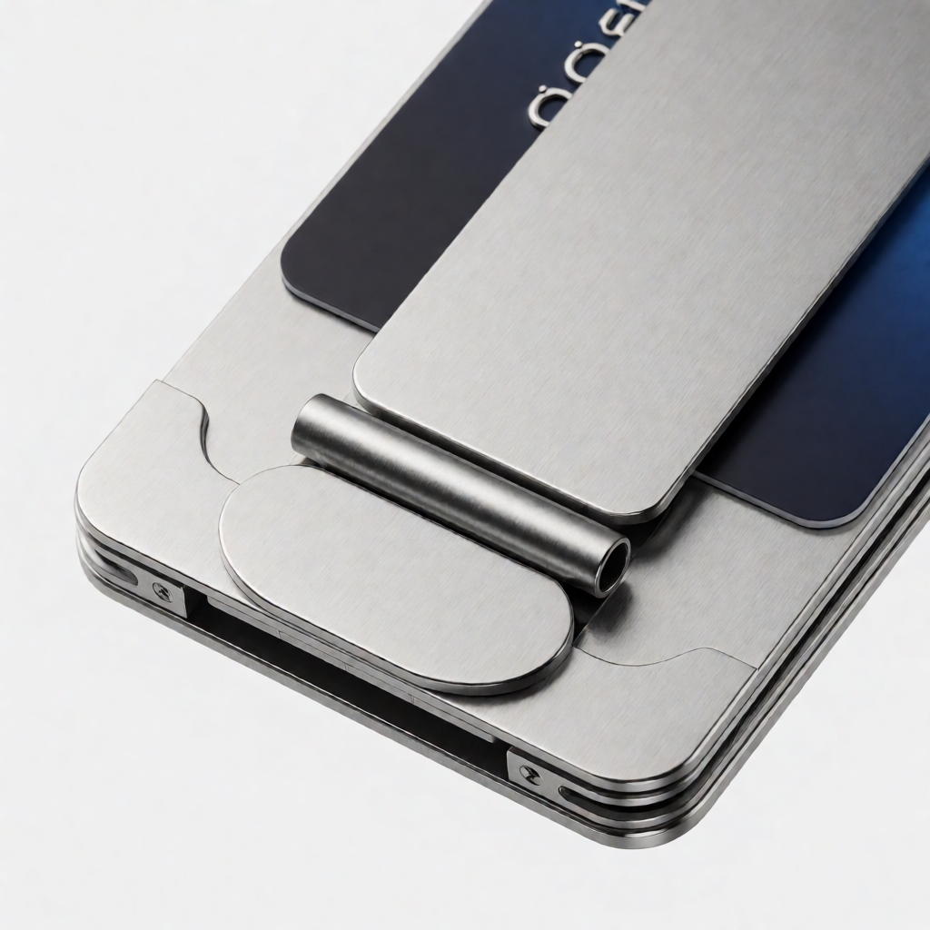 Close-up of money clip wallet showing spring mechanism and card retention system