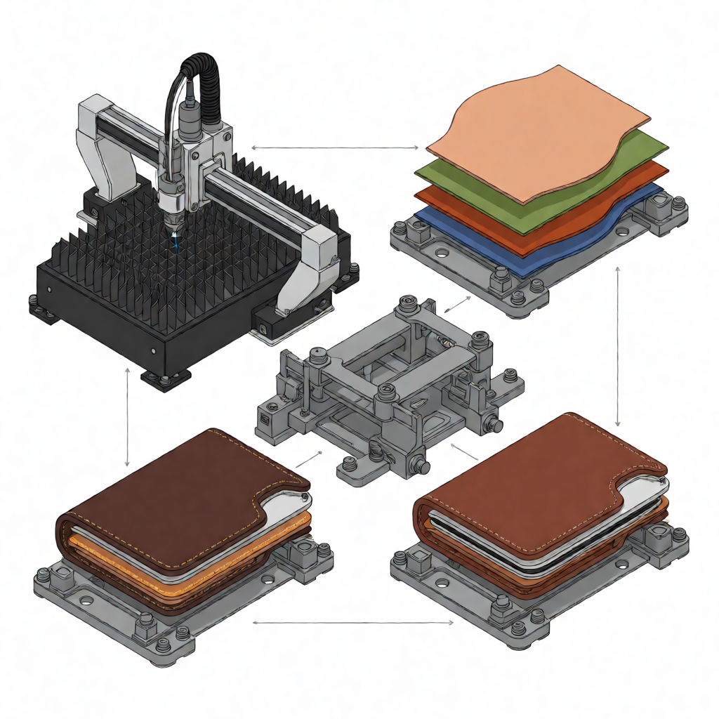 Step-by-step wallet manufacturing process diagram showing material cutting, stitching, and assembly stages