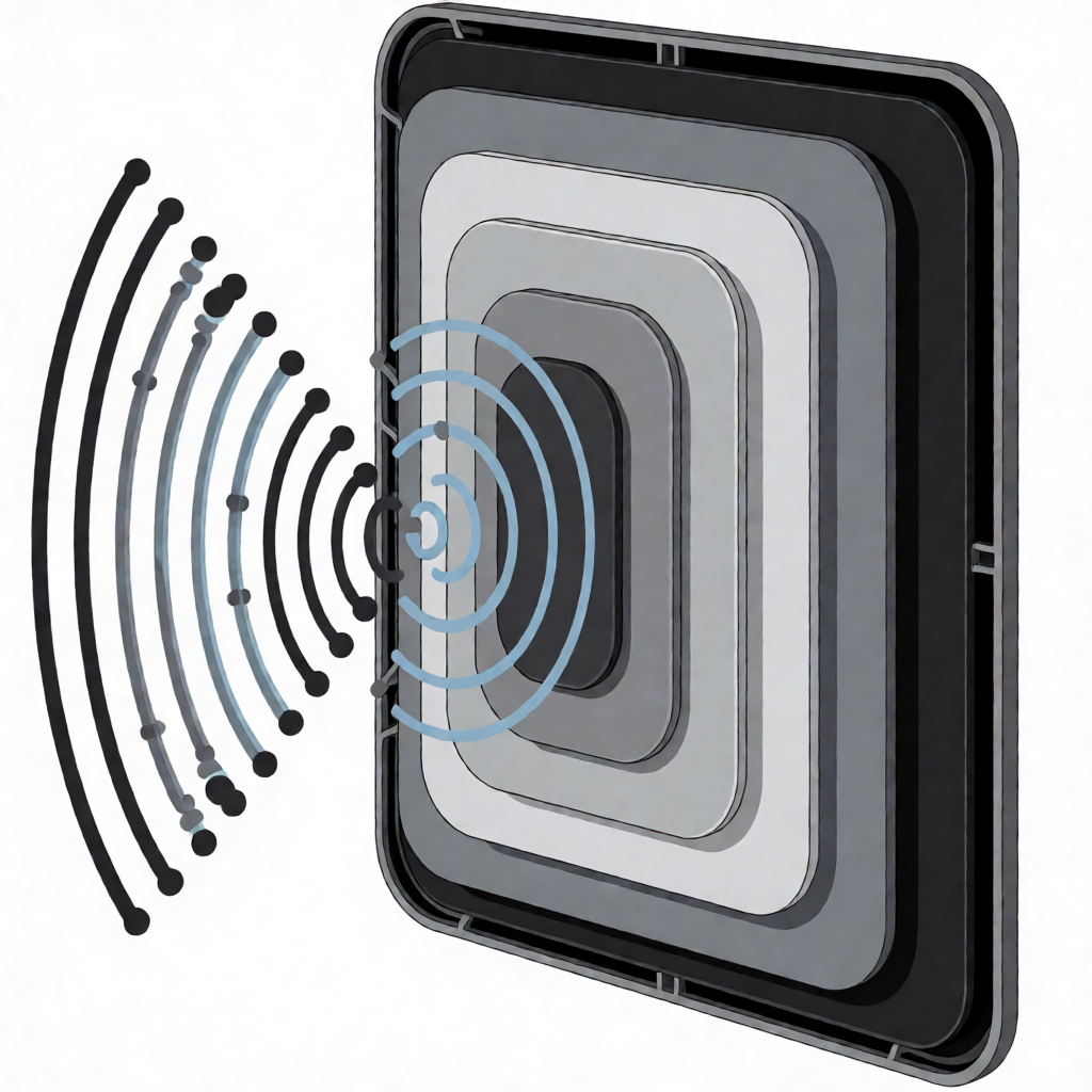 Cross-section diagram showing RFID blocking material layers deflecting electromagnetic waves