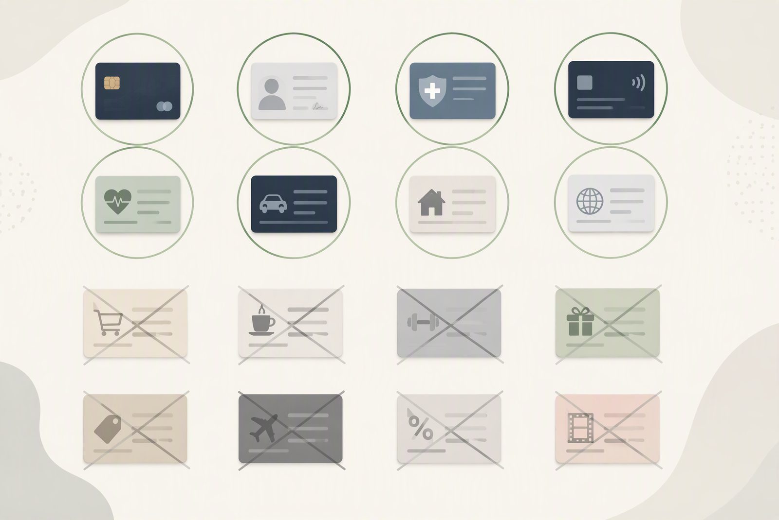 Counting exercise: 16 cards laid out with 8 circled as essential