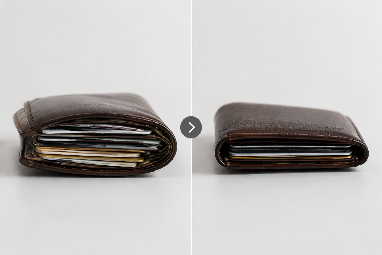 Before and after of the 5-slot card audit: full bifold vs slim organized stack