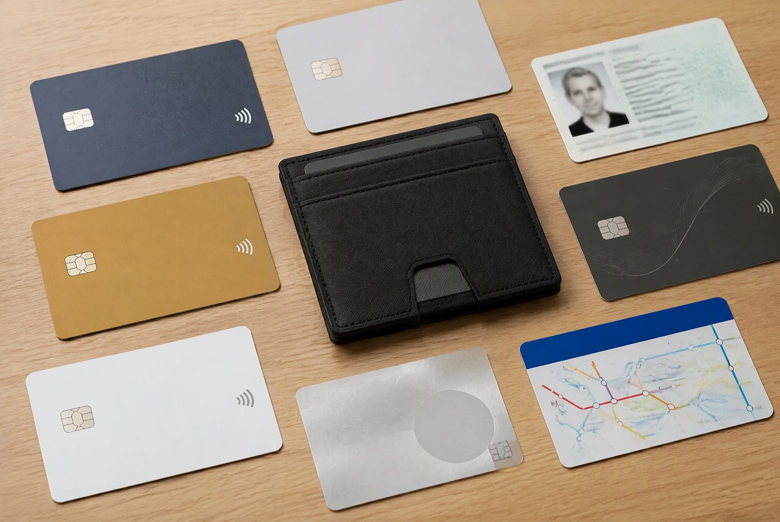 A spread of cards on a table with a minimalist wallet in the center