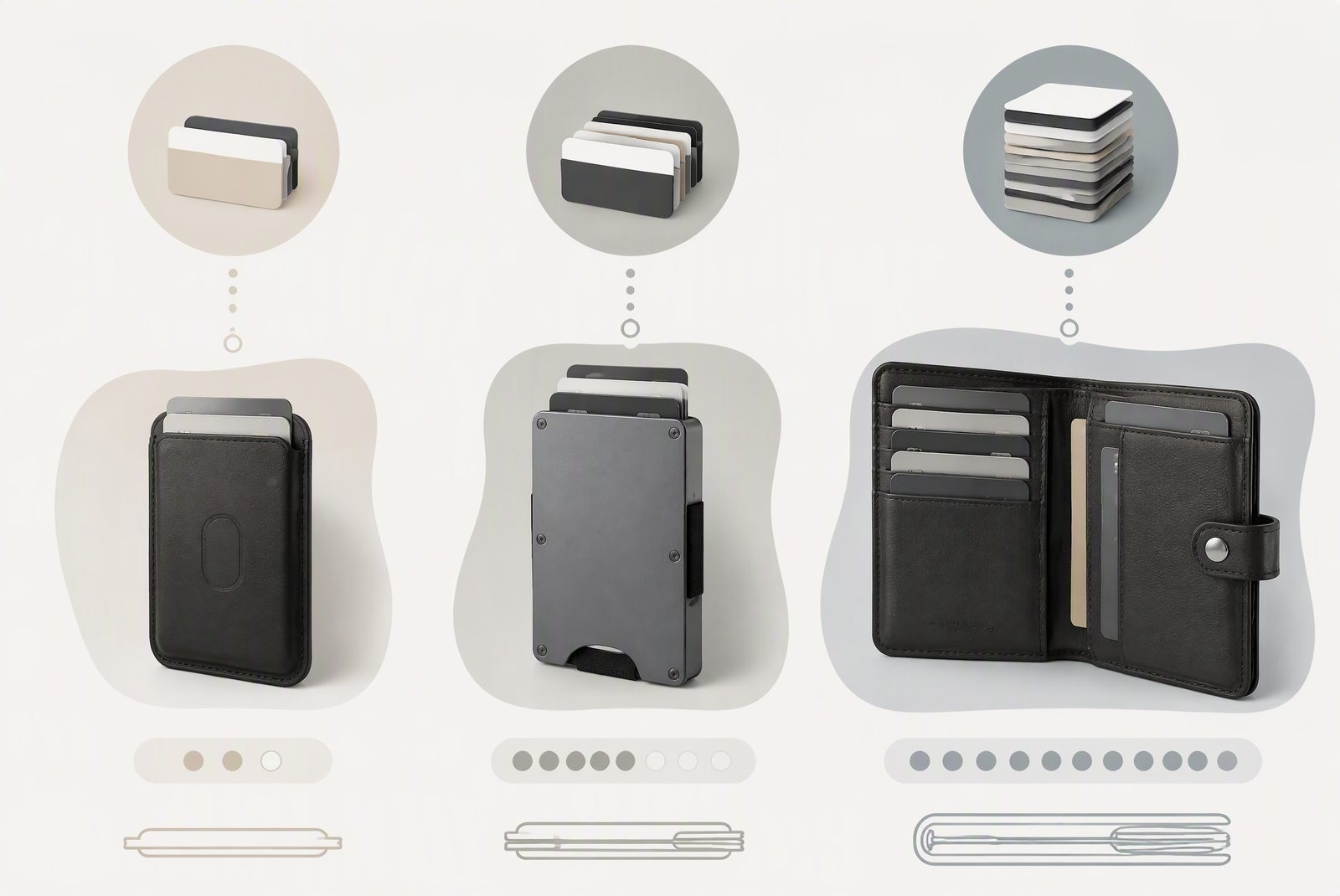 Three wallet types matched to card counts: MagSafe at 2-3, slim metal at 4-8, organizer at 9+