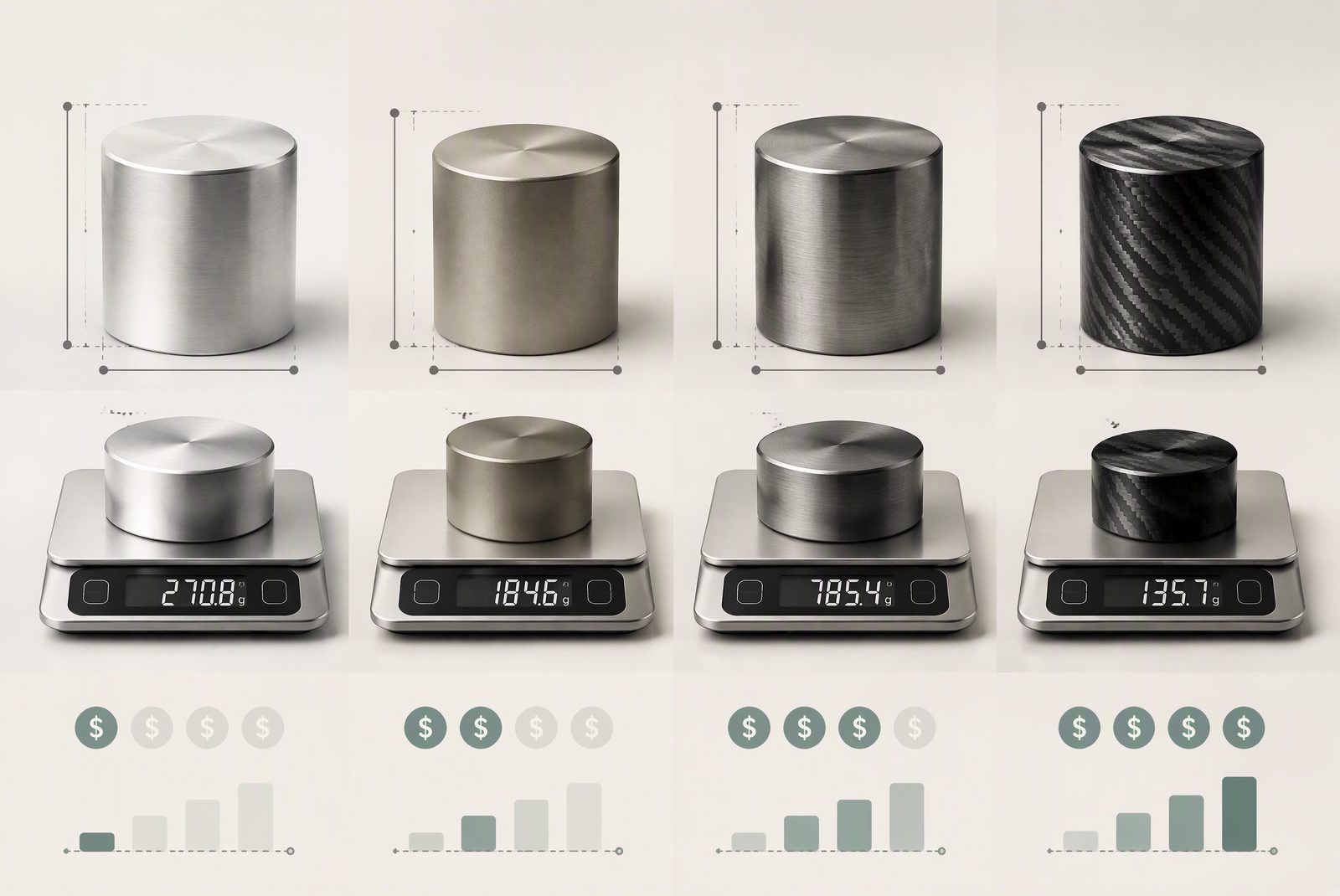Aluminum vs titanium vs steel vs carbon billets weighed and measured in a cost-analysis setup