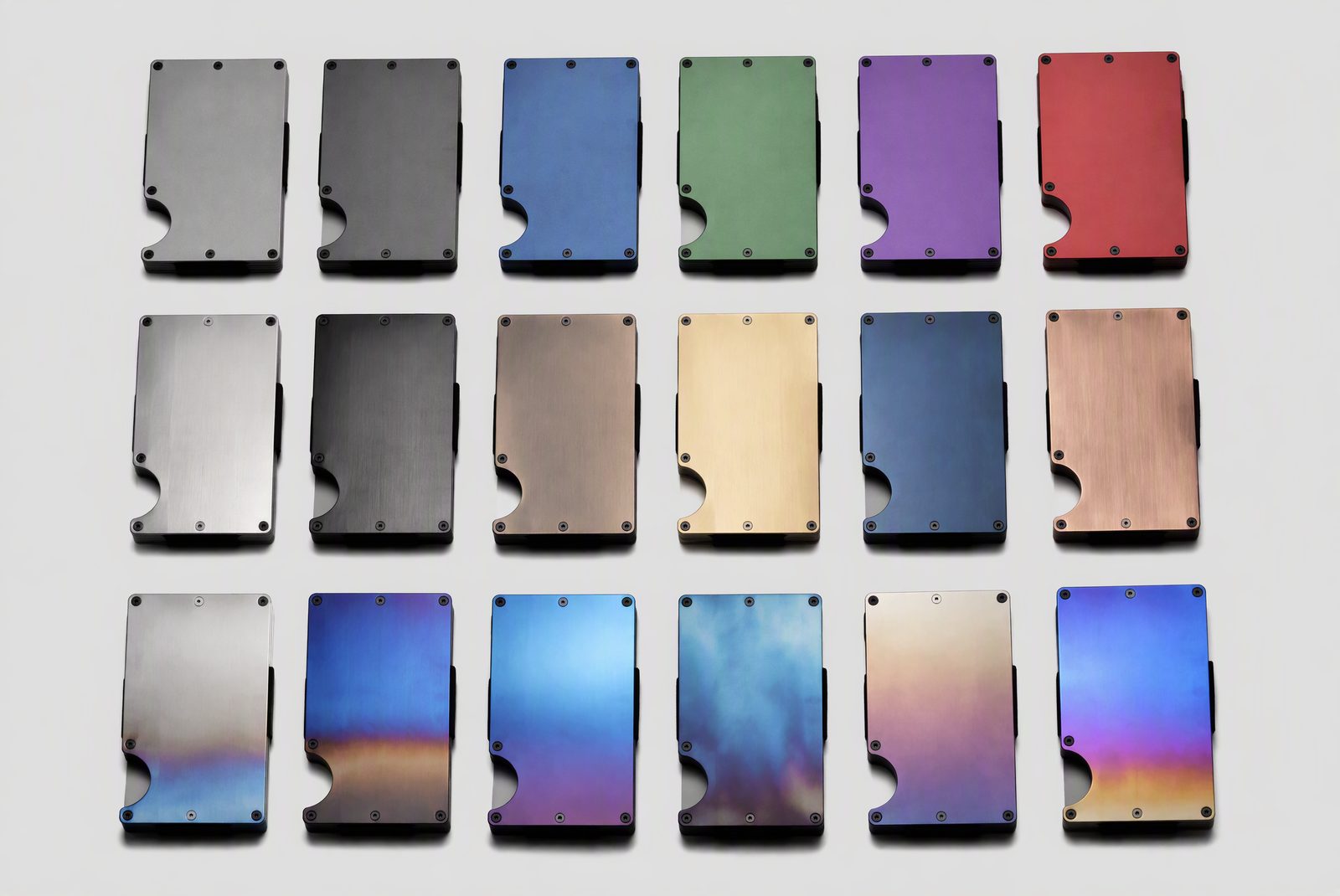 Finishing comparison: anodized aluminum, PVD, and titanium heat-gradient samples