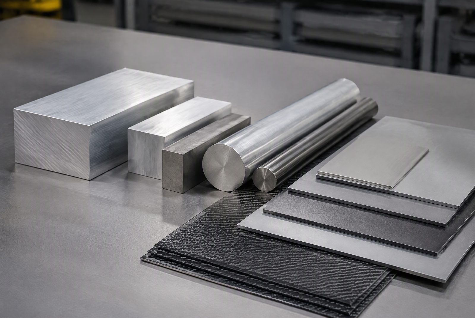 Raw material billets of aluminum, titanium, steel, and carbon fiber on a factory table