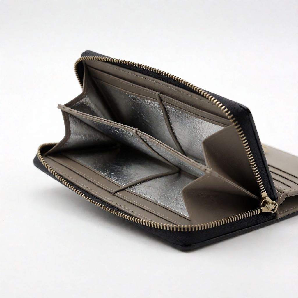 Close-up of RFID wallet metal-lined interior showing protective shielding layer between card slots