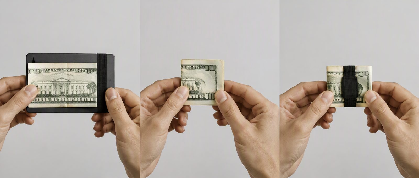Seven cash folding methods for a minimalist wallet: flat fold, half fold, tri-fold, bill roll, clip stack, utility fold and sleeve slide