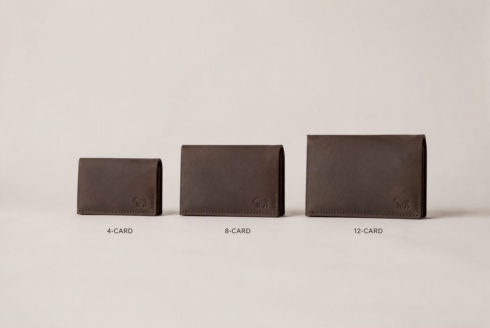 A size ruler marking card case, slim, and standard bifold thickness next to stacked cards