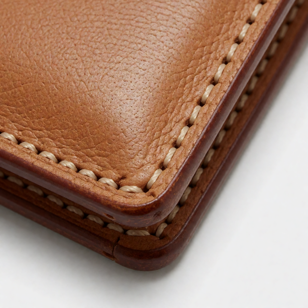 Close-up of premium full-grain leather texture with visible grain pattern and hand-stitched edge detail