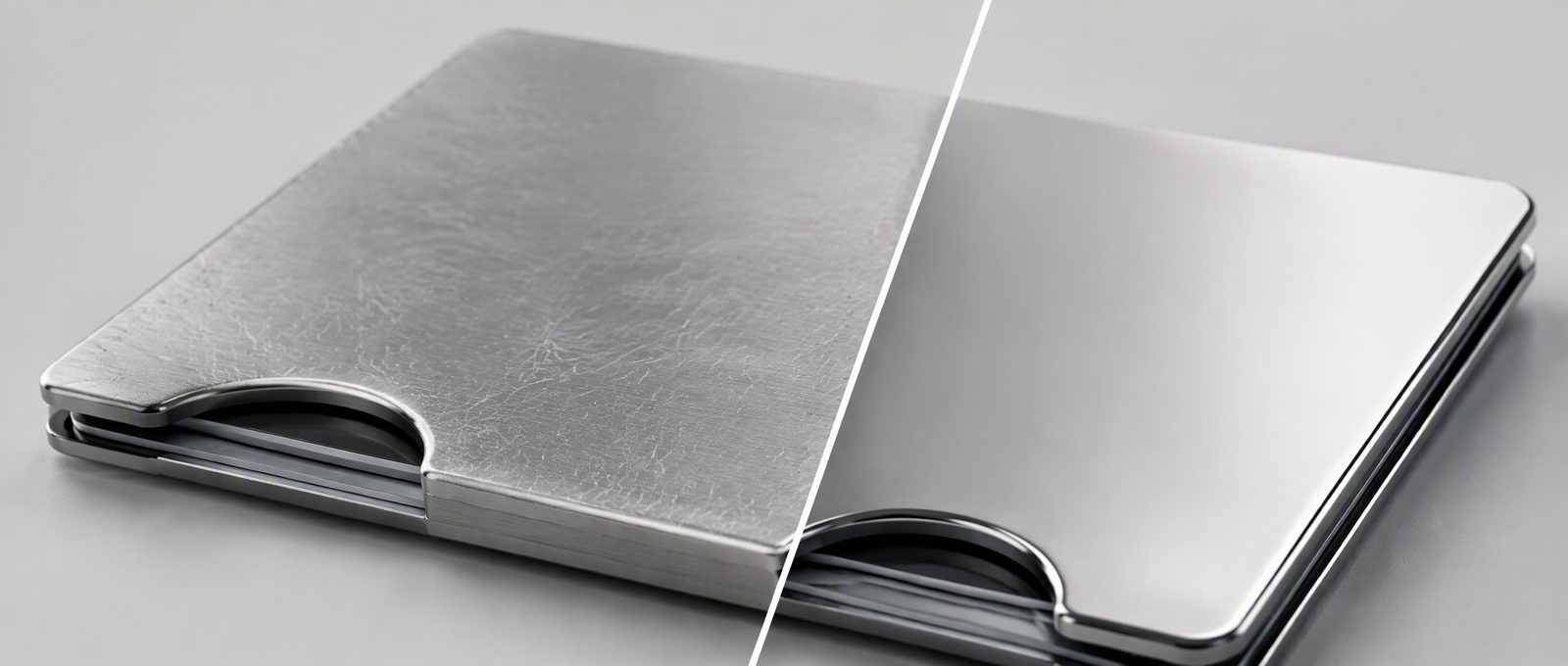 Anodized aluminum metal wallet with surface scratches inspected before choosing a repair method