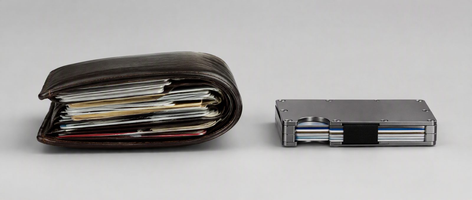 Bulky wallet being emptied and sorted into daily-carry and keep-out piles for a 15-minute slim-down reset